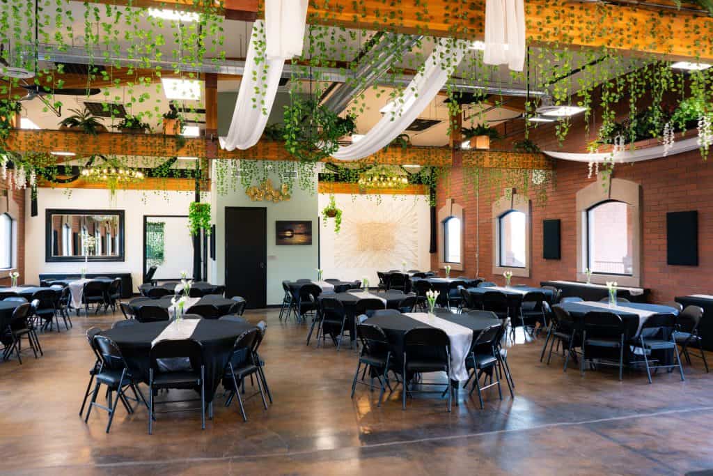 Connection Room event space rental in Cottonwood AZ with tables and draped ceiling